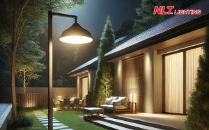 Hình ảnh đèn đường LED chiếu sáng sân vườn nhà riêng vào ban đêm, tiết kiệm điện và dễ lắp đặt.